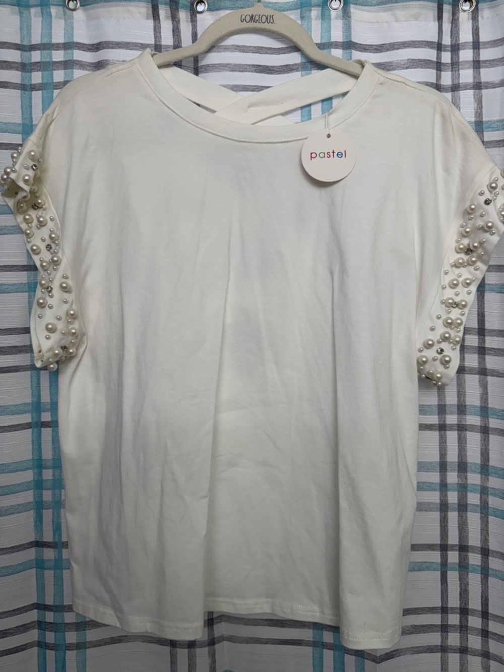 Pastels Cream Pearl-Embellished Short Sleeve Top